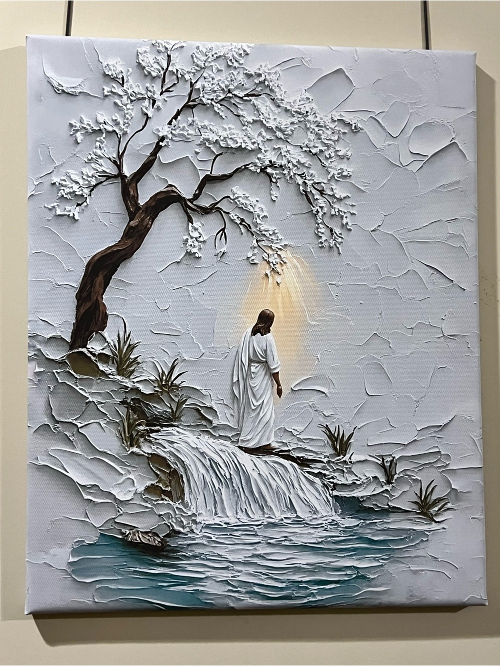 Textured like print Religious Canvas Art - Jesus at Waterfall in White
